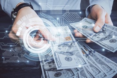 Teknolojinin iki katına çıkması hologram, dolar banknotları ve insan eli. Veri kavramı
