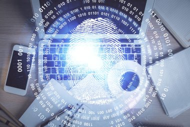 Masaüstü arka planında parmak izi var. Üst Manzara. Çifte maruziyet. Menkul kıymetleştirme kavramı.