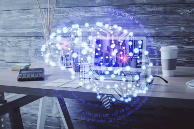 Beyin çizimine ve ofis içi arka planına çifte maruz kalma. Veri teknolojisi kavramı.