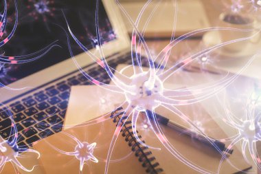 Masa arkasında kahve ve eşyalar olan iki kat nöron çizimi ve masaüstü görüntüsü. Eğitim kavramı