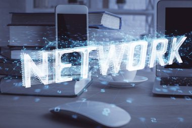 Veri teması çizimi ve cep telefonu arkaplanı çift pozlama. Yenilik kavramı