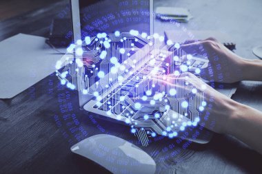 Bilgisayar ve beyin hologramı çizimleri üzerinde çalışan çok sayıda kadın eli var. Ai kavramı.