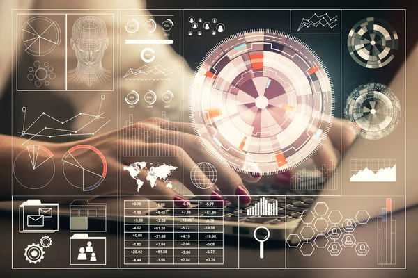 Mehrfachbelichtung Von Frauenhänden Die Computer Und Datenthematik Hologrammzeichnung Arbeiten Tech — Stockfoto