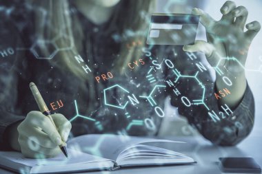 Multi exposure of woman on-line shopping holding a credit card and formula drawing. E-learning concept.