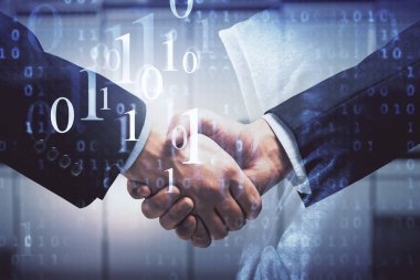 İki kişinin veri temalı hologramı ve el sıkışması. Bilişim endüstrisi konseptinde ortaklık.