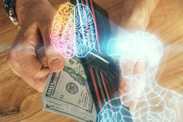 Мультиэкспозиция Виртуальных Очков Рисующих Голограммы Долларовые Купюры Сша Человеческие Руки — стоковое фото