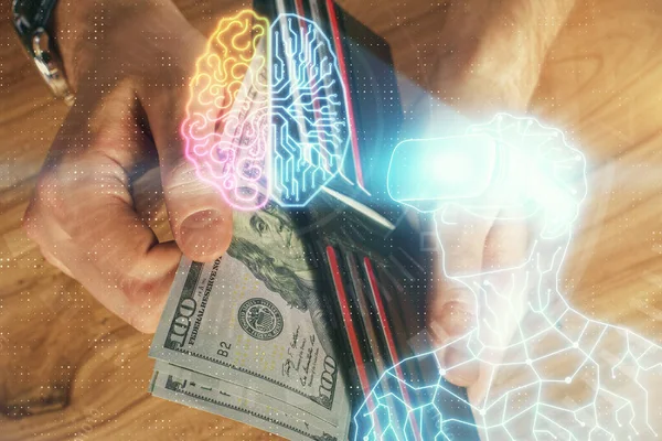 Multi Exposure Glasses Drawing Hologram Usa Dollars Bills Man Hands — Stock Photo, Image