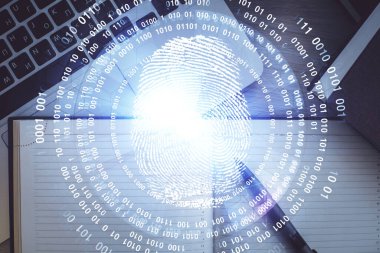 Masaüstü arka planında parmak izi var. Üst Manzara. Çifte maruziyet. Menkul kıymetleştirme kavramı.