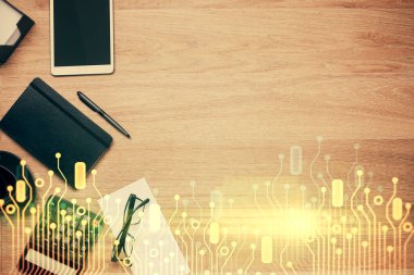 Çalışma masasının üzerine teknoloji teması çizimi çifte pozlama. Üst Manzara. Küresel veri analiz kavramı.