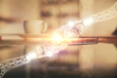 Ofiste kahve fincanı üzerinden Ai veri temasının çifte pozlandırılması.