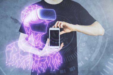 Dijital bir cihaz ve AR gözlüğü çizimi kullanarak bir adamın elini iki kez tutarken görüntülendi. Sanal gerçeklik kavramı.