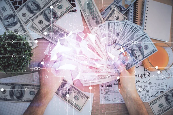 Wielokrotne Ujawnienie Hologramu Rysowania Mózgu Banknotów Dolarowych Ludzkich Rąk Koncepcja — Zdjęcie stockowe