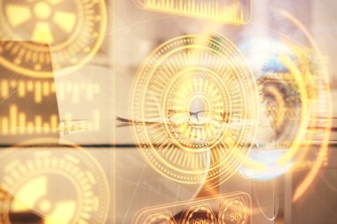 Teknoloji temalı çizimlere ve ofis içi arka planına çifte maruz kalma. Teknoloji konsepti.