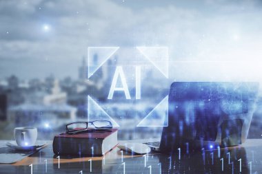 Veri temalı çizimlerin çoklu pozlanması ve açık defter arkaplanı olan masa. Eğitim kavramı