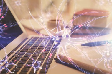 Masa arkasında kahve ve eşyalar olan iki kat nöron çizimi ve masaüstü görüntüsü. Eğitim kavramı