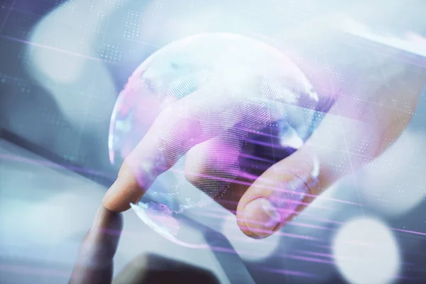 Подвійна Експозиція Рук Людини Тримає Використовує Цифровий Пристрій Технічний Голограмний — стокове фото