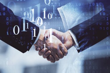 İki kişinin veri temalı hologramı ve el sıkışması. Bilişim endüstrisi konseptinde ortaklık.