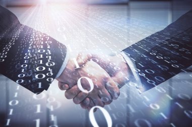 İki kişinin veri temalı hologramı ve el sıkışması. Bilişim endüstrisi konseptinde ortaklık.