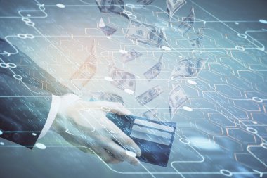 Teknolojiye çoklu maruz kalma hologram, dolar banknotları ve insan eli. Veri kavramı