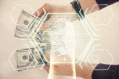 Parmak izi, hologram, Amerikan dolarları ve insan eli. güvenlik kavramı.