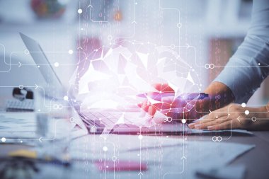 Bilgisayar ve beyin hologramı çizimleri üzerinde çalışan kadın elleri çift pozlama. Ai kavramı.