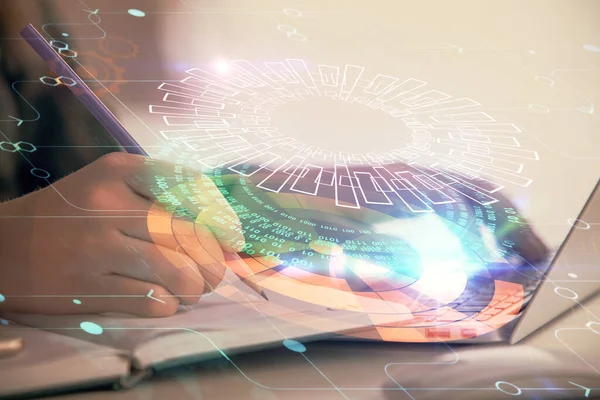 Mehrfachbelichtung Von Frauenhänden Die Computer Und Datenthematik Hologrammzeichnung Arbeiten Tech — Stockfoto