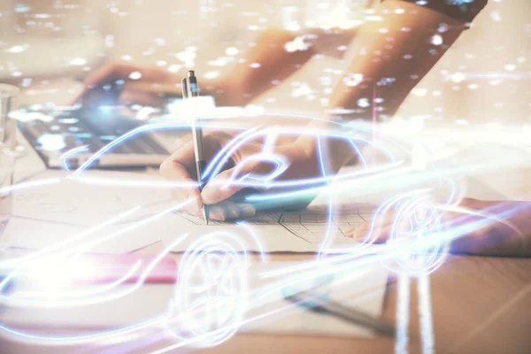 妇女双手在计算机和汽车主题绘图上打字的双重曝光 高科技概念 — 图库照片