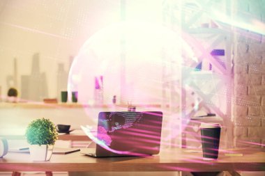 Teknoloji temalı çizimlere ve ofis içi arka planına çifte maruz kalma. Teknoloji konsepti.