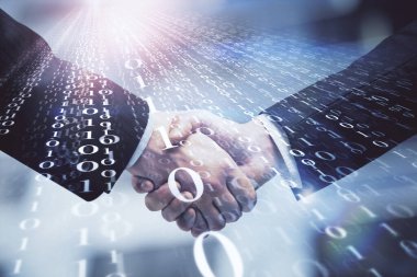 İki kişinin veri temalı hologramı ve el sıkışması. Bilişim endüstrisi konseptinde ortaklık.