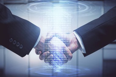 İki kişinin veri temalı hologramı ve el sıkışması. Bilişim endüstrisi konseptinde ortaklık.