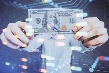 Teknolojinin iki katına çıkması hologram, dolar banknotları ve insan eli. Veri kavramı