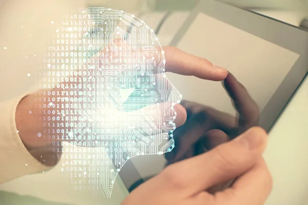 Double Exposure Man Hand Holding Using Digital Device Brain Hologram — Stock Photo, Image