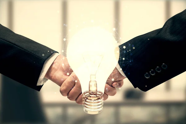Double Exposure Light Bulb Hologram Handshake Two Men Idea Concept — Stock Photo, Image
