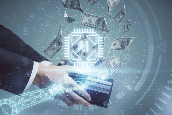 Teknolojiye çoklu maruz kalma hologram, dolar banknotları ve insan eli. Veri kavramı