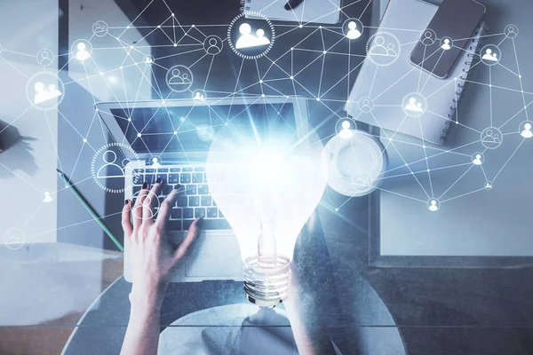 Double Exposure Woman Hands Working Computer Light Bulb Hologram Drawing — Stock Photo, Image