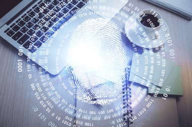 Masaüstü arka planında parmak izi var. Üst Manzara. Çifte maruziyet. Menkul kıymetleştirme kavramı.