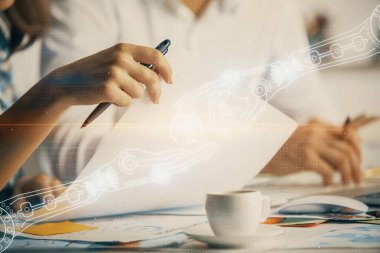 Veri temalı çizimin arka plan yazan insanların üzerine çifte pozlanması. Teknoloji kavramı