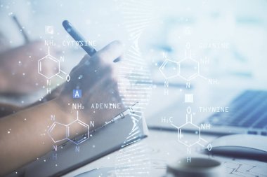 DNA temasının arka plan notları alan insanların üzerine çifte pozlanması. Tıp eğitimi kavramı