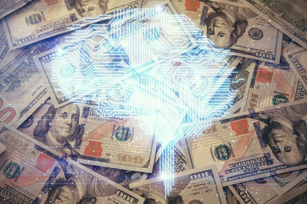 Dupla Exposição Desenho Cerebral Sobre Fundo Nota Dólares Conceito Tecnologia — Fotografia de Stock