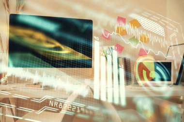 Teknoloji temalı çizimlere ve ofis içi arka planına çifte maruz kalma. Teknoloji konsepti.