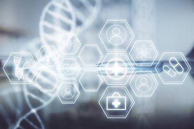 Ofisteki kahve fincanının arka planında DNA 'nın hologramını çizerken çifte maruz kalma. Eğitim kavramı.