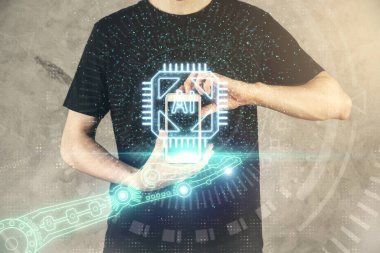 Bir adamın elini tutarken ve dijital bir cihaz ve veri temalı hologram çizimi kullanırken çift pozlama. Teknoloji konsepti.