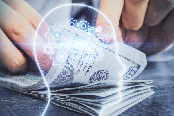 Exposición múltiple de cerebro dibujando holograma y nosotros billetes de dólares y manos de hombre. Concepto de inversión Ai — Foto de Stock