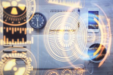 Teknoloji temalı çizimlerin çoklu pozu telefon ile masanın üzerinde. Üst Manzara. Yüksek teknoloji kavramı.