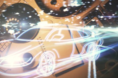 Otomobil temalı çizim ve çalışma masası üst veiw çift pozlama. Otomotiv endüstrisindeki teknoloji kavramı.