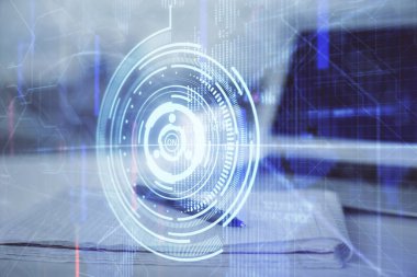 Veri temalı çizimlerin çoklu pozlanması ve açık defter arkaplanı olan masa. Eğitim kavramı