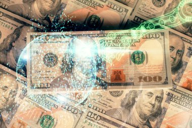 İki kez veri temasına maruz kalınca dolar banknotları arka planda kalıyor. Teknoloji konsepti.