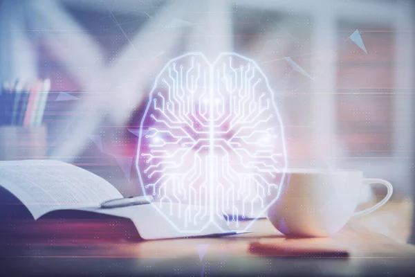 Double exposure of brain drawing and desktop with coffee and items on table background. Concept of research.