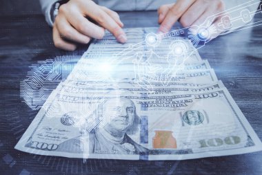 Beynin holograma maruz kalması, bize dolar banknotları ve insan eli çizmesi. Ai yatırım konsepti