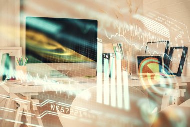 Teknoloji temalı çizimlere ve ofis içi arka planına çifte maruz kalma. Teknoloji konsepti.